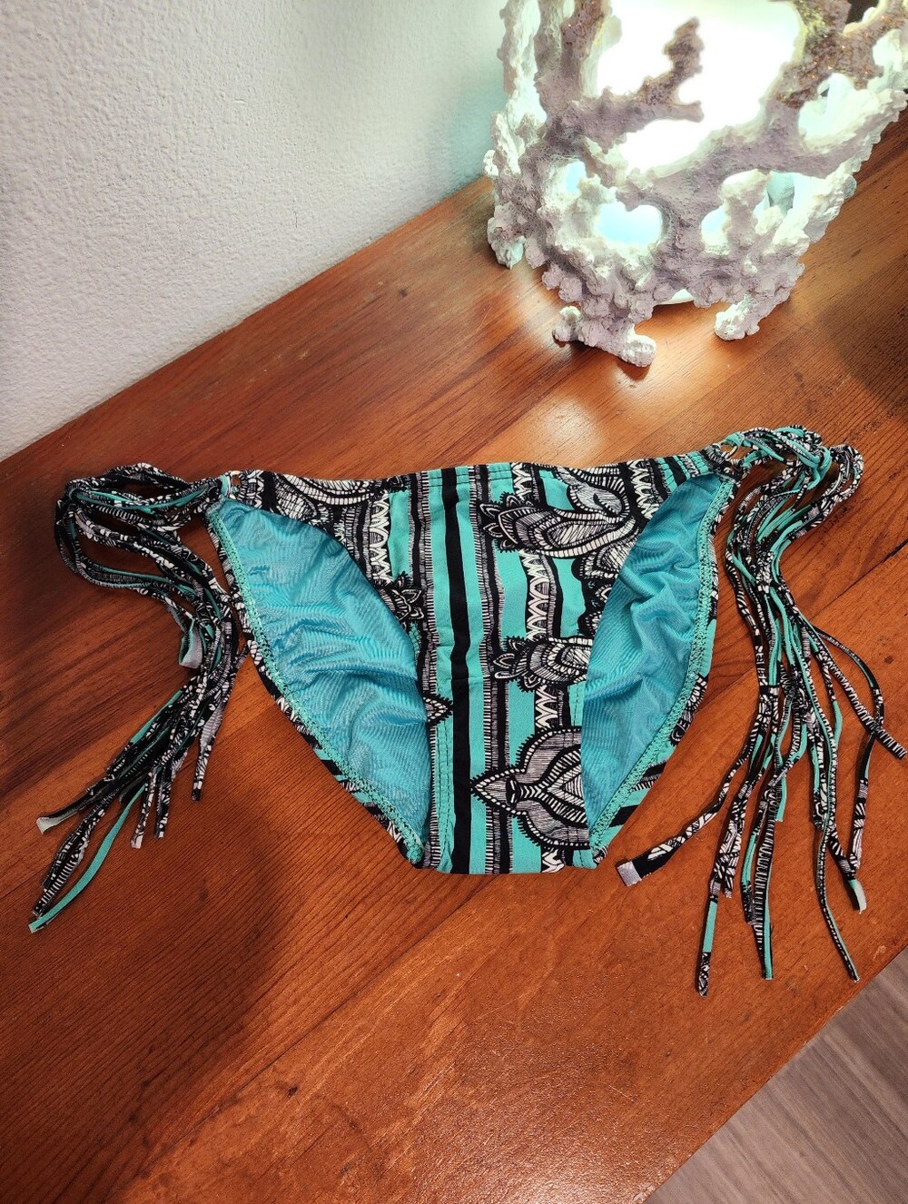 NEW! Sofia By Vix SZ XS Striped Teal & Black Fringe Side Tied Bikini Bottom